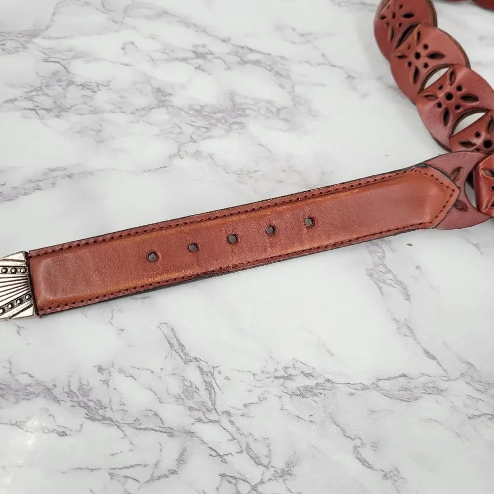 Brown Leather Interlock Tab Belt with Silver Toned Aztec Buckle